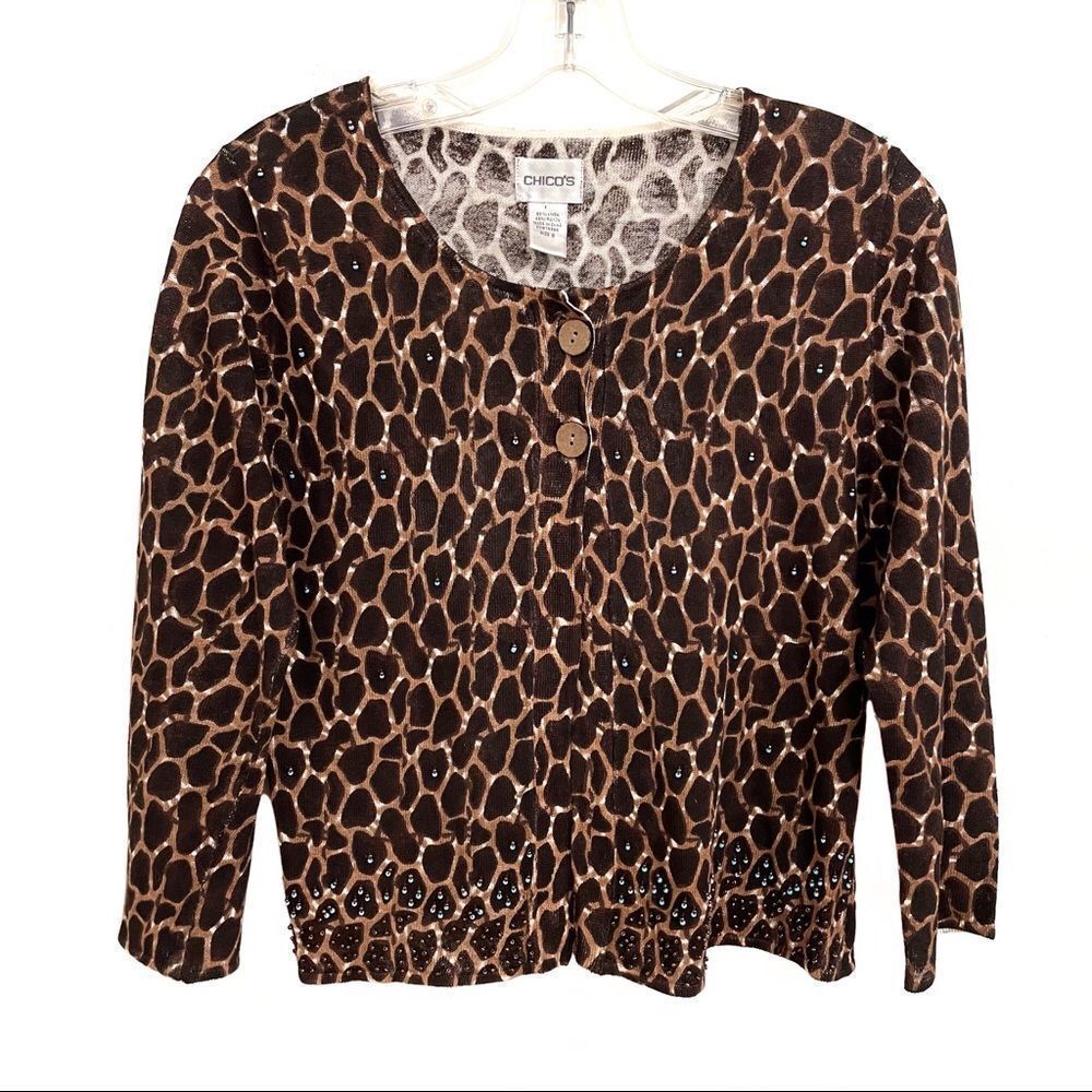 Chico’s Sweater Animal Print Cardigan With Turquoise Beading Small